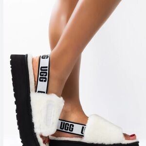 UGG Women's Black and White Fluffy Sandals